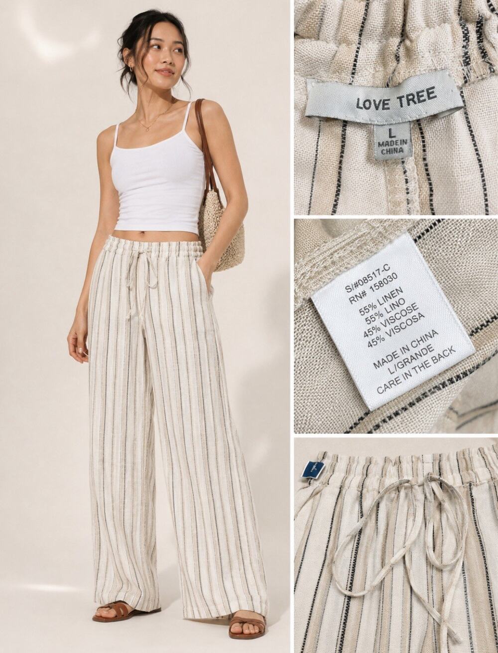 NWT Coastal Resort Love Tree Wide Leg Linen Pants Size L Ivory Black Stripe